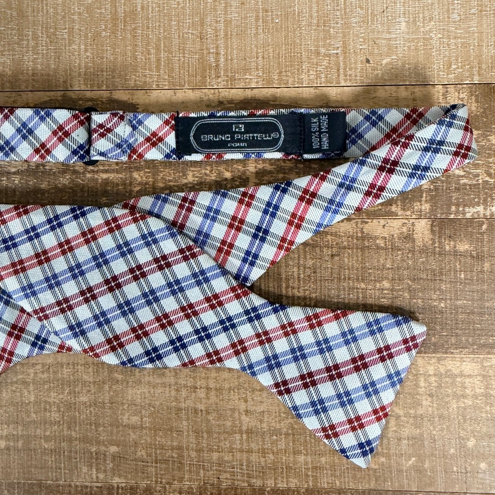 Bruno Piattelli Bow Tie Mens Red Blue White Plaid Silk Hand Made Italy Roma